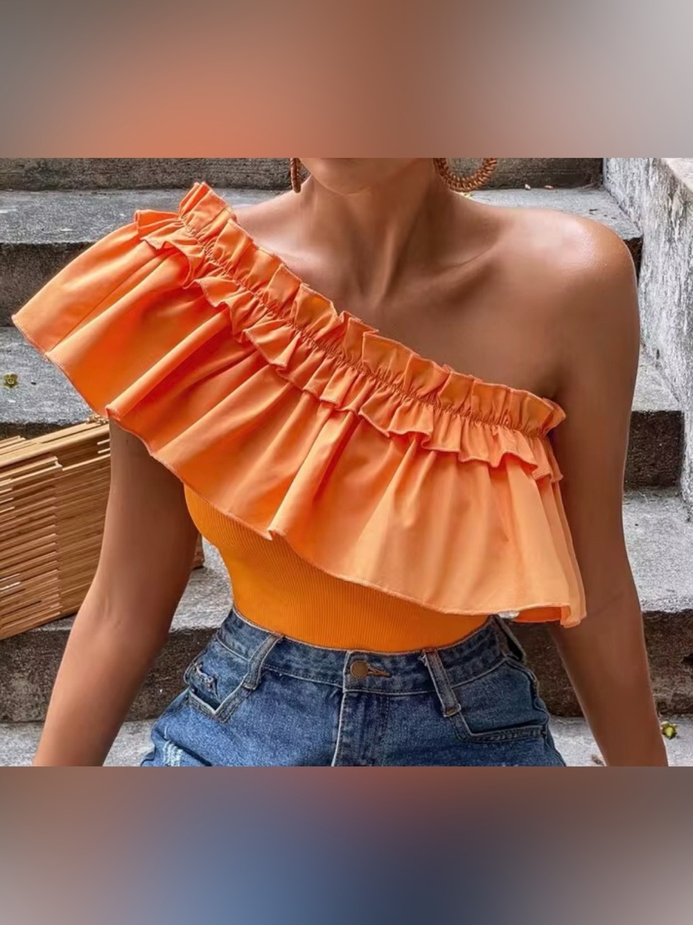 SHEIN Womens M Orange Ruffle Asymmetrical Top Boho Fall 90s Cottagecore Preppy - Picture 3 of 16